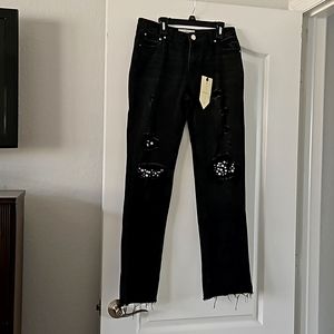 NWT Banjara Distressed RhineStone Black Straight Leg Mid-Rise Jeans size 3